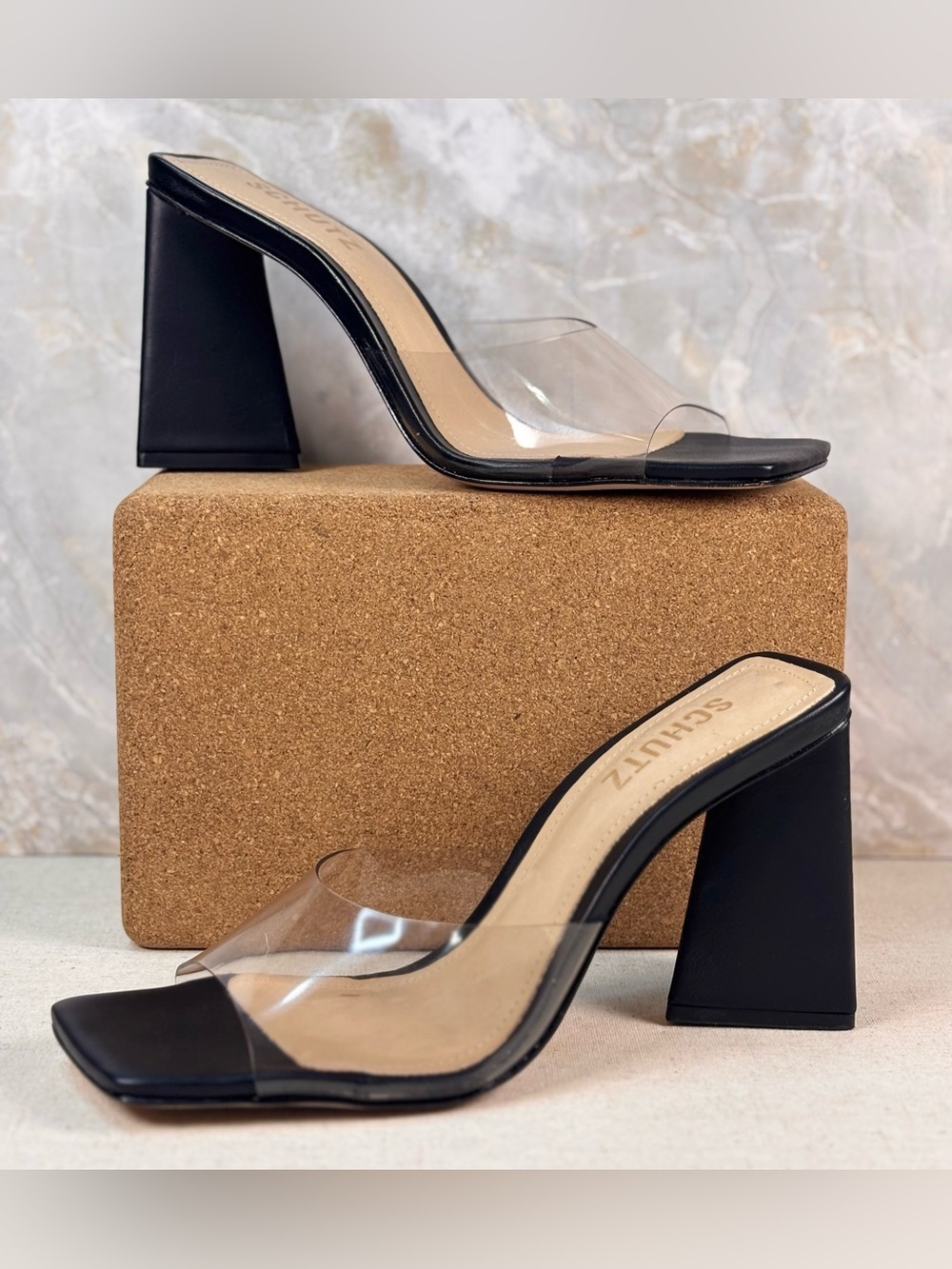 Schutz Lizah Clear Vinyl Mule Heels Black Square Toe Sandals 7.5B